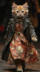 A cat in the traditional Slavic dress and coat walking the street, poker face, no emotions, angry, 4k wallpaper.