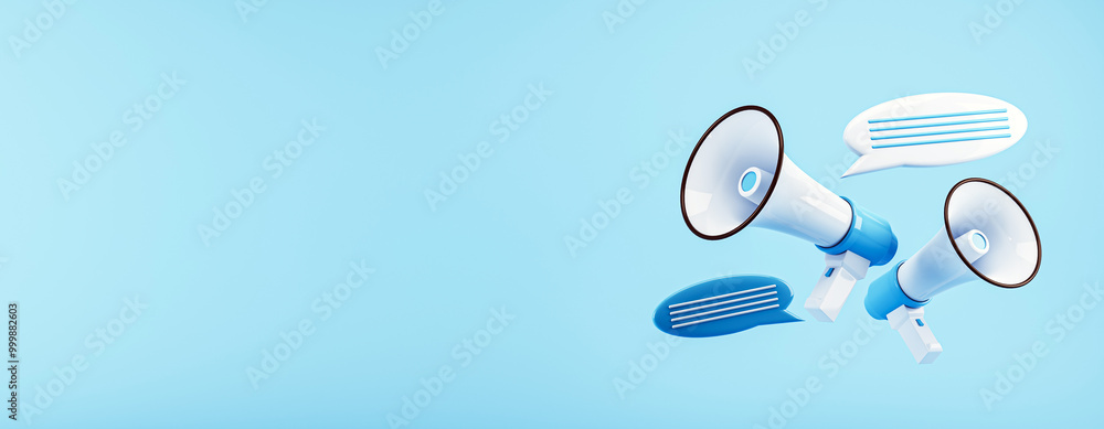 Poster megaphones with speech bubbles on blue background. 3d rendering