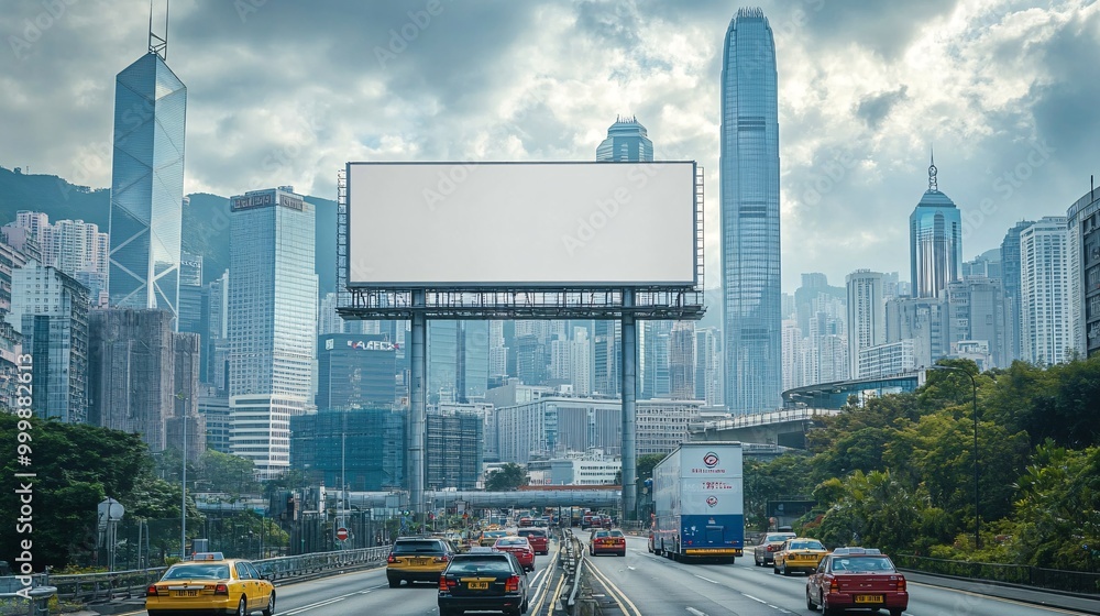 Poster a blank billboard set against the skyline of central business district hong kong with gleaming skysc