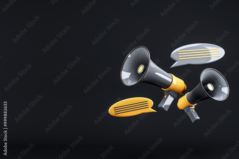 Aufkleber megaphones and speech bubbles on dark background. 3d rendering