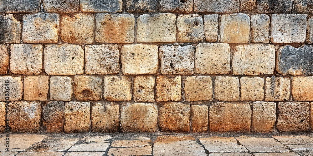 Poster a weathered stone wall with a rustic charm, characterized by unevenly sized blocks and natural imper