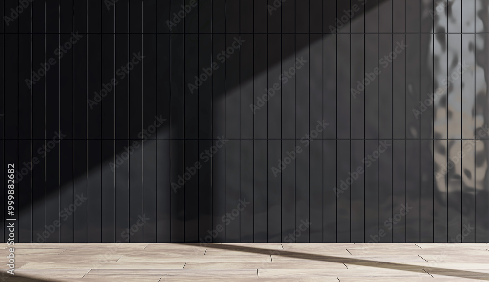 Poster empty black tiled wall with wooden floor in sunlight. 3d rendering