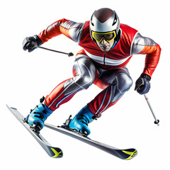floating sportsman in a ski suit snow skiing on white background