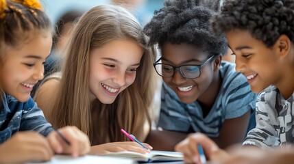 Fototapeta premium A group of diverse students laugh together while working in a classroom.