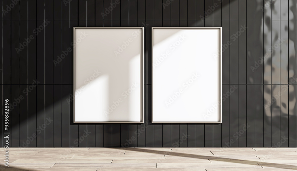 Poster Two vertical empty frames on a black tiled wall with wooden floor. 3D Rendering
