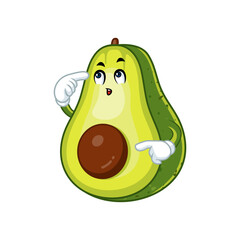 Cute avocado cartoon character with thinking expression, pointing finger to its head.