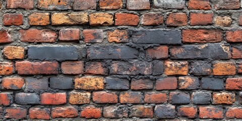 Obraz premium A weathered brick wall with a mix of red, orange, and grey bricks, showcasing the passage of time and the beauty of natural decay