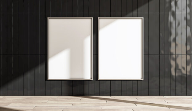 Two vertical empty frames on a black tiled wall with wooden floor. 3D Rendering