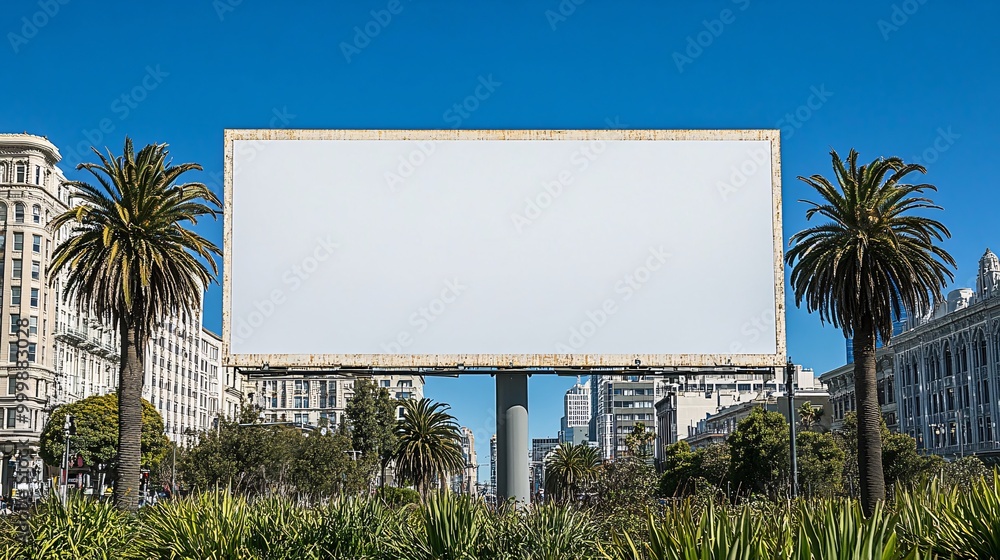 Poster A blank billboard overlooking Union Square San Francisco capturing the vibrancy of the area with surrounding boutiques palm trees and historic buildings Large space for text in center Stock Photo