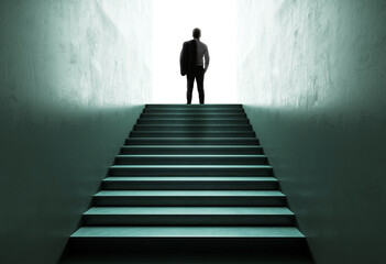 Silhouette of a businessman standing at the top of stairs in a dark, narrow corridor, looking...