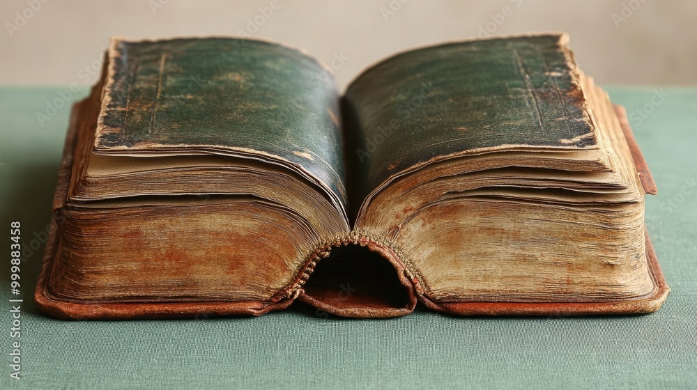 Aufkleber an aged leather-bound book with its pages open, revealing the worn and yellowed pages that hold the 