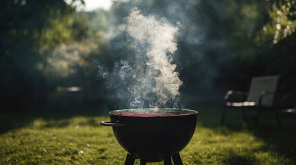 A captivating shot of smoke escaping from a barbecue grill during a summer cookout, illustrating the joy of outdoor gatherings and the tantalizing smell of grilled food.
