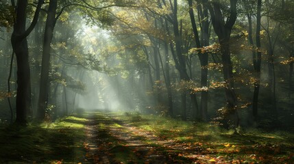 Naklejka premium Sunbeams Through the Mist in Autumn Forest