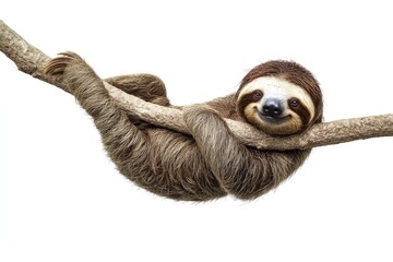 Fototapeta premium Sloth, Animal of Costa Rica on white background, isolated, funny animal hanging on tree branch scratching belly, generative ai