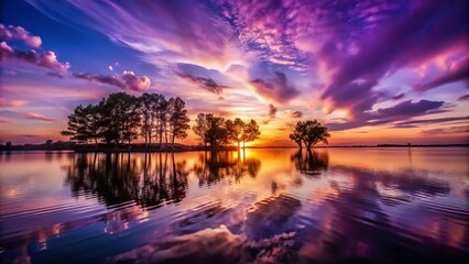 Fototapeta premium Breathtaking Purple Sunset Aesthetic Over Calm Waters with Silhouetted Trees and Soft Clouds