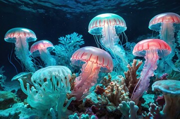 Underwater fantasy scene, where glowing neon jellyfish float gracefully among a garden of white plaster coral. The coral casts soft shadows on the ocean floor, and the water is a deep.