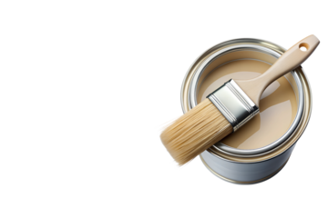 top view lay flat paint brush laying on paint can with copy space and transparency background PNG