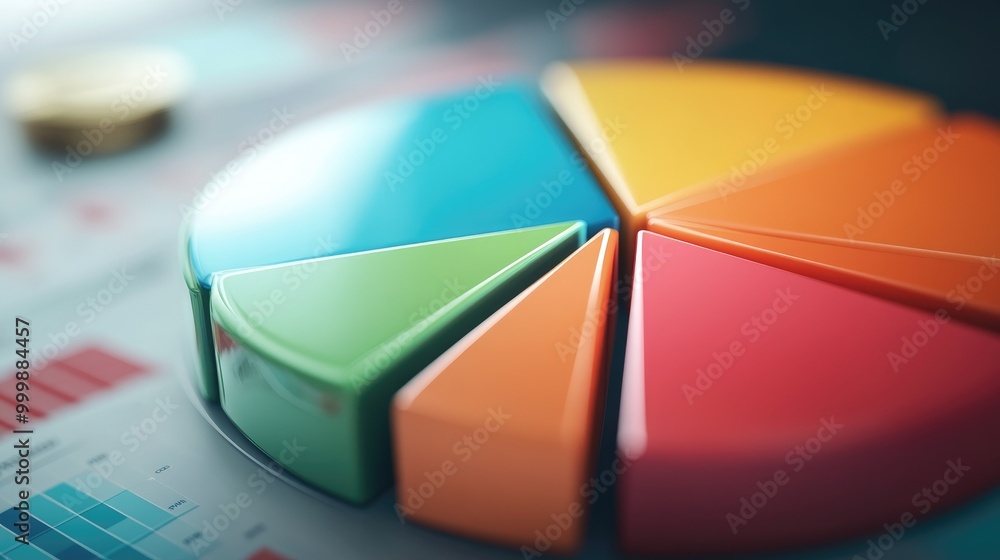 Poster a close-up of a 3d pie chart, with distinct sections representing various financial metrics like inc