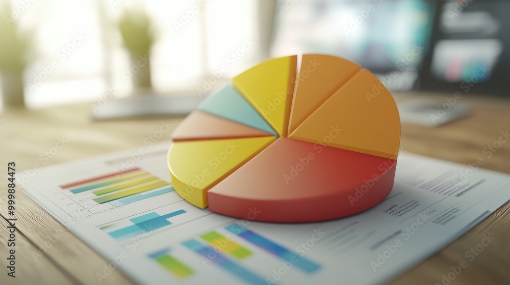 Poster a close-up of a 3d pie chart, with distinct sections representing various financial metrics like inc
