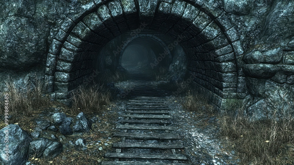 Poster a stone archway leads to a mysterious path through a dark tunnel