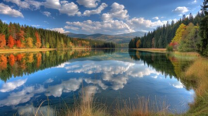 Obraz premium Tranquil Mountain Lake Reflecting Autumn Colors