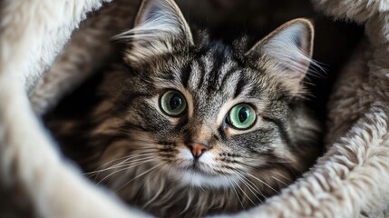 Obraz premium A close-up of a chubby cat with fluffy fur and bright eyes peeking out from a cozy cat bed, radiating charm and inviting affection from viewers.