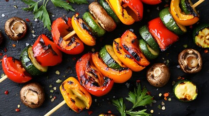 Colorful vegetable skewers with peppers, zucchini, and mushrooms, garnished with herbs, showcasing a healthy and vibrant dish.