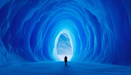 explorers inside a glowing ice cave, surrounded by towering blue ice formations