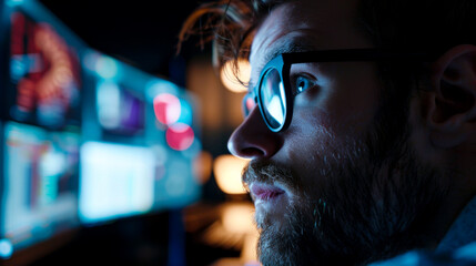 close up of programmers face illuminated by computer screens, showcasing intense focus and concentration. vibrant colors of screens reflect in his glasses, creating captivating atmosphere