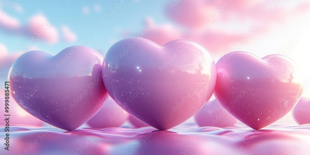 Aufkleber Three Pink Heart-Shaped Objects Resting on a Shimmering Surface Against a Background of Soft Pastel Clouds
