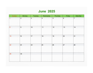 June 2025 Calendar page for 2025 year isolated on white, Save clipping path.