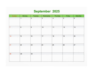 September 2025 Calendar page for 2025 year isolated on white, Save clipping path.