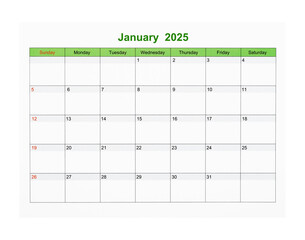 January 2025 Calendar page for 2025 year isolated on white, Save clipping path.