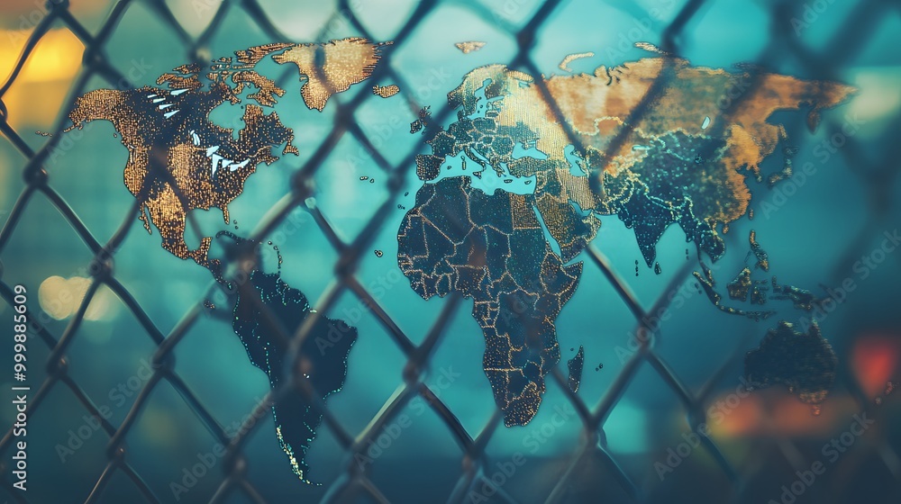 Poster a map of the world illuminated behind a blurred fence, symbolizing barriers and boundaries in a visu