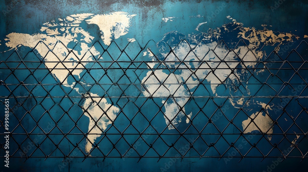 Poster a textured map of the world in muted tones, partially obscured by a geometric lattice pattern, creat