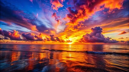 Breathtaking Sunset Over the Ocean with Vibrant Colors Reflecting on Water and Silhouetted Clouds