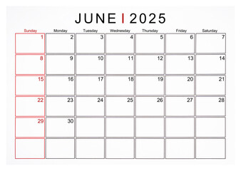 June 2025 monthly calendar page isolated on white background.