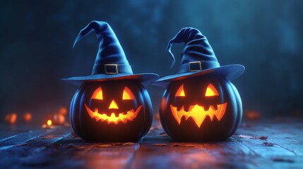 Fototapeta premium Glowing Jack-o'-Lanterns with Witch Hats in a Spooky Halloween Forest