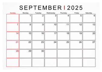 September 2025 monthly calendar page isolated on white background.