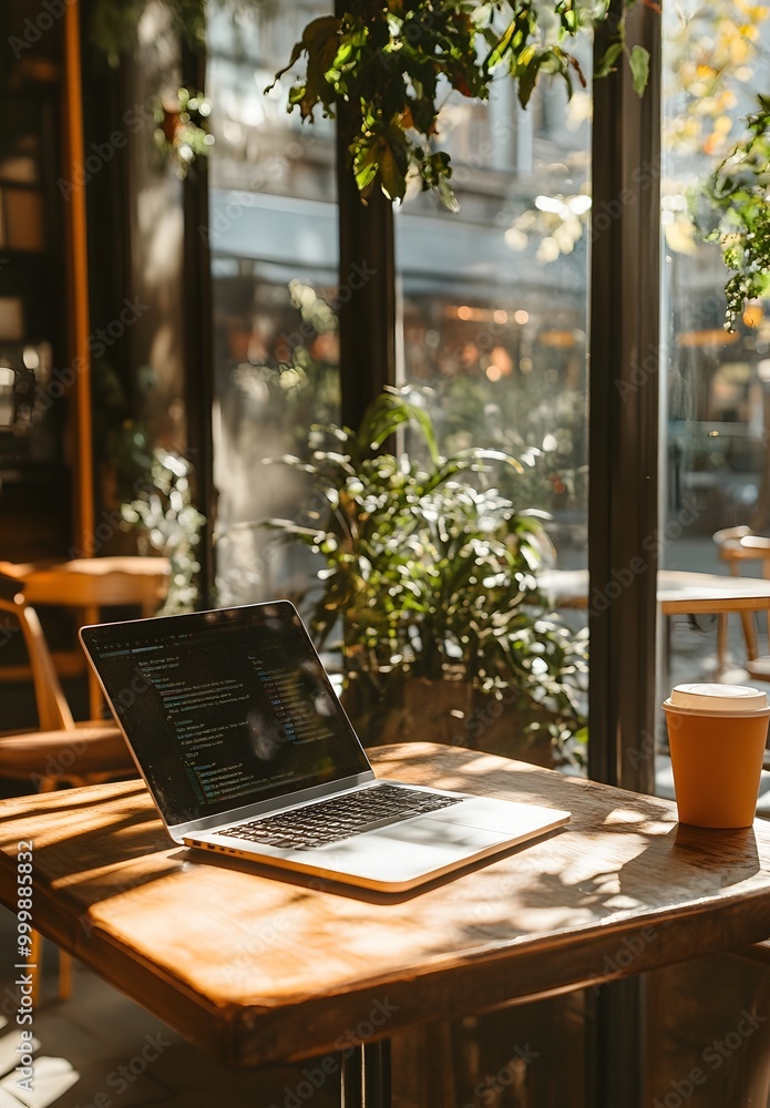 Wall mural 27. a sleek laptop on a sunlit cafe table