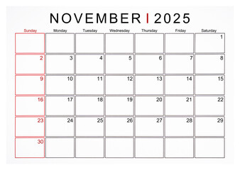 November 2025 monthly calendar page isolated on white background.