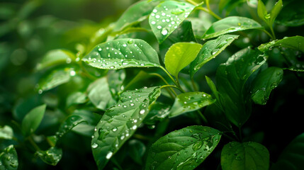 Fresh raindrops glisten on vibrant green leaves, creating serene and refreshing atmosphere. lush foliage showcases natures beauty and tranquility of rainy day