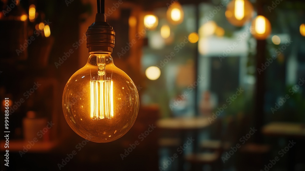 Poster a close-up of a vintage-style light bulb with filaments visible, glowing softly in a dimly lit creat