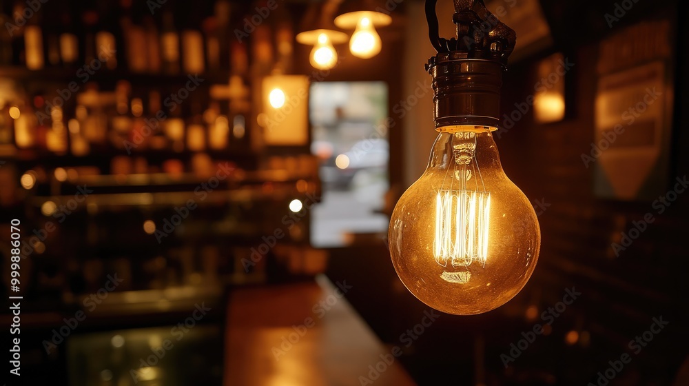 Poster a close-up of a vintage-style light bulb with filaments visible, glowing softly in a dimly lit creat