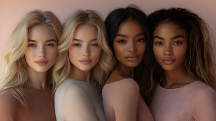 Obraz premium Four Women Posing Together in Studio with Different Hair Styles