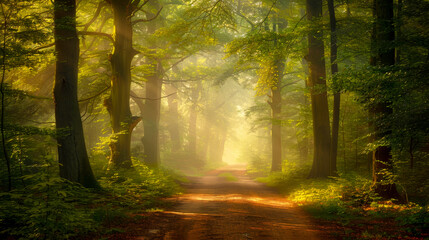 Obraz premium serene forest path illuminated by soft morning light creates tranquil atmosphere, inviting exploration and reflection amidst lush greenery