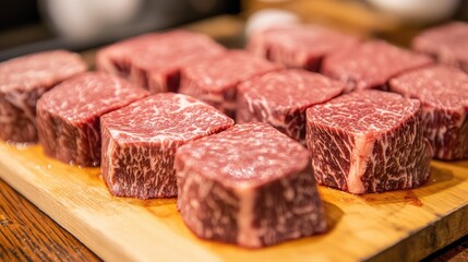 Fototapeta premium A close-up of marbled beef cuts on a butcher's board, showcasing the intricate fat distribution, ready to be prepared for a gourmet meal.