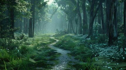 Obraz premium A Misty Forest Path in a Tranquil Woodland