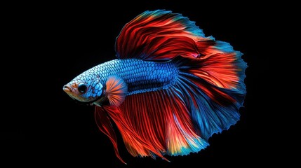 Fototapeta premium A close-up shot of a Betta fish flaring its gills, with vivid hues of blue and red highlighted by the soft light filtering through the water, emphasizing its beauty and aggression