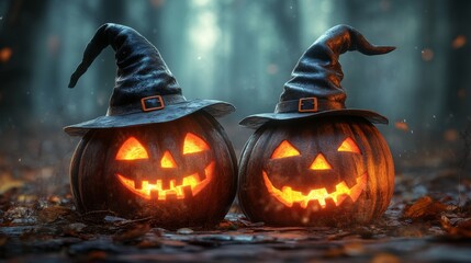 Fototapeta premium Glowing Jack-o'-Lanterns with Witch Hats in a Spooky Halloween Forest